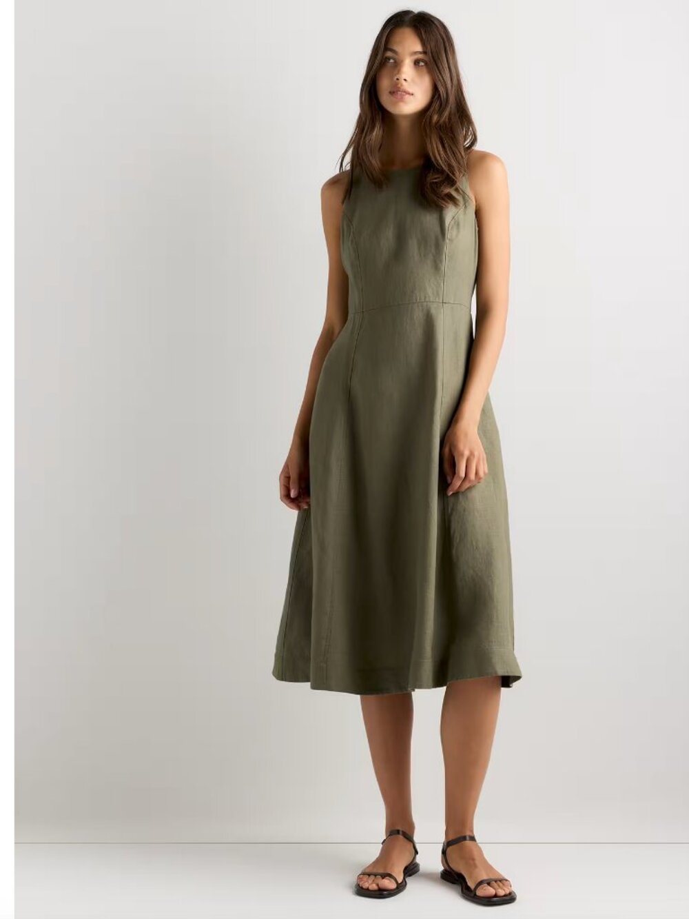 Quince 100% European Linen High Neck Midi Dress, Bayberry Olive